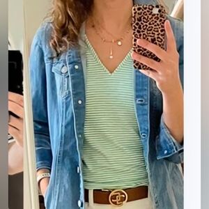 White House Black Market Green & White Striped Cap Sleeve V-Neck Tee Size XXS